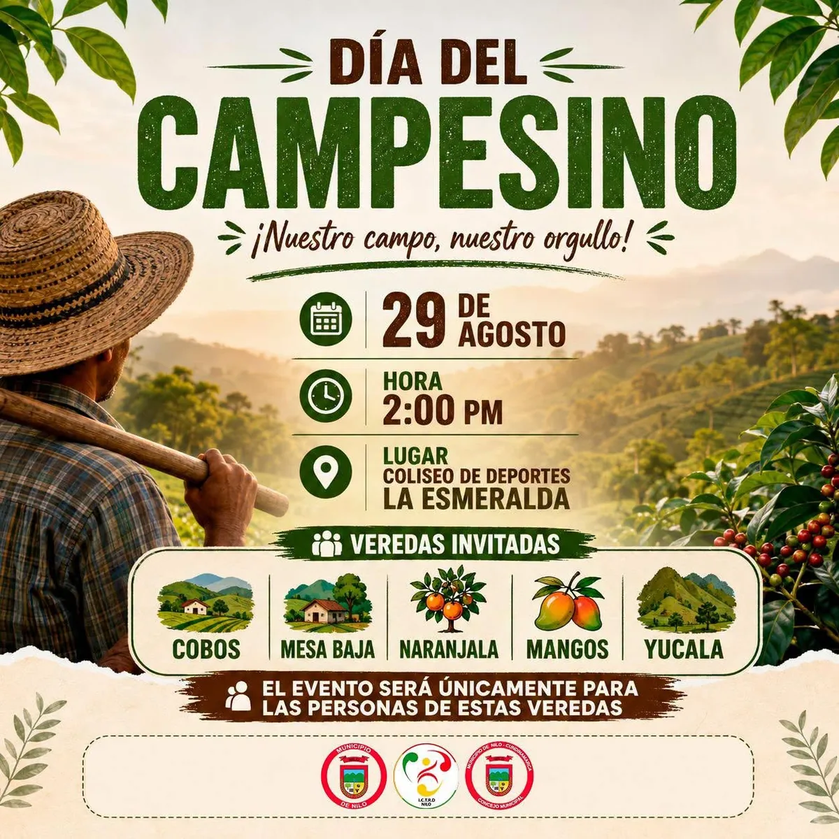 Afiche oficial del Día del Campesino en Nilo, Cundinamarca — 29 de agosto de 2026 en el Coliseo de Deportes La Esmeralda