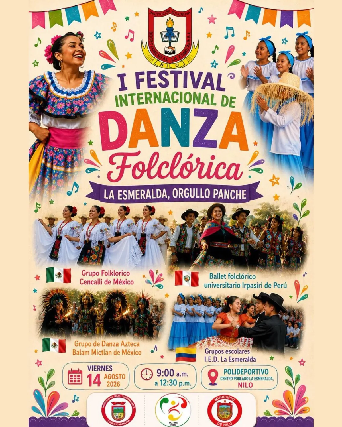 Afiche oficial del I Festival Internacional de Danza Folclórica de Nilo, jornada del viernes 14 de agosto en el Polideportivo La Esmeralda