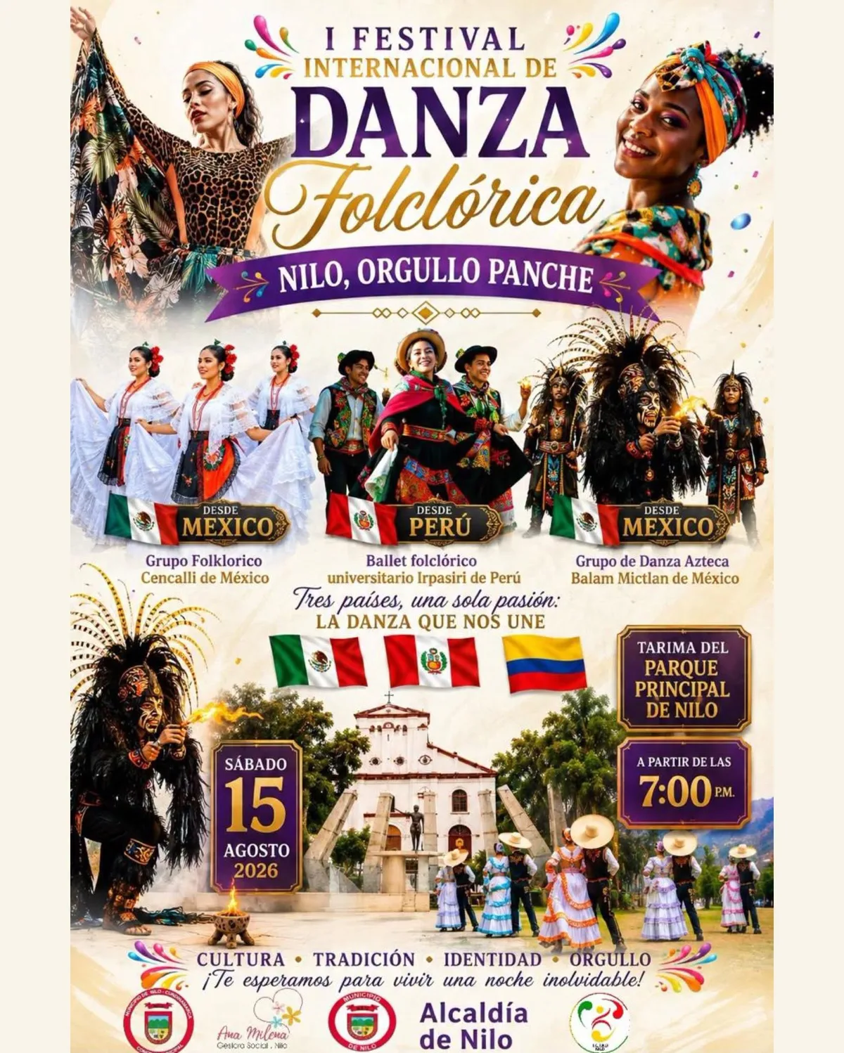 Afiche oficial del I Festival Internacional de Danza Folclórica de Nilo, jornada del sábado 15 de agosto en la tarima del Parque Principal