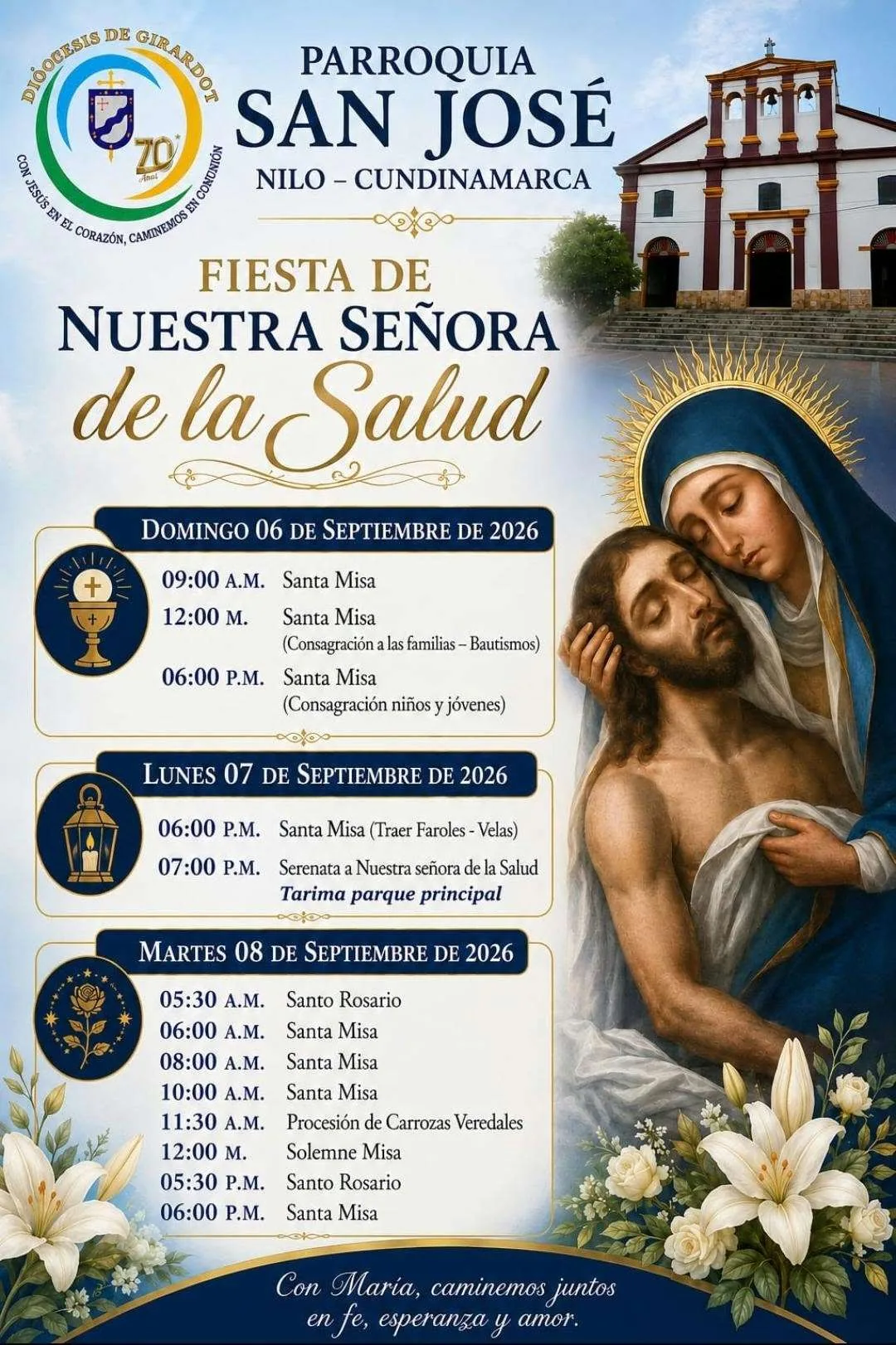 Afiche oficial de la Fiesta de Nuestra Señora de la Salud de la Parroquia San José de Nilo, Cundinamarca — 6, 7 y 8 de septiembre de 2026