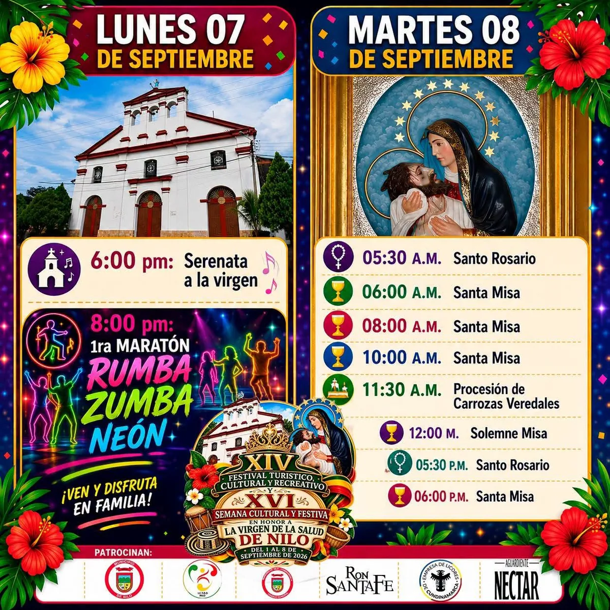 Programación del lunes 7 (Serenata a la Virgen y Maratón Rumba Zumbaneón) y martes 8 de septiembre (día de la Virgen de la Salud: Santo Rosario, Santa Misa, Procesión de Carrozas Veredales, Solemne Misa)