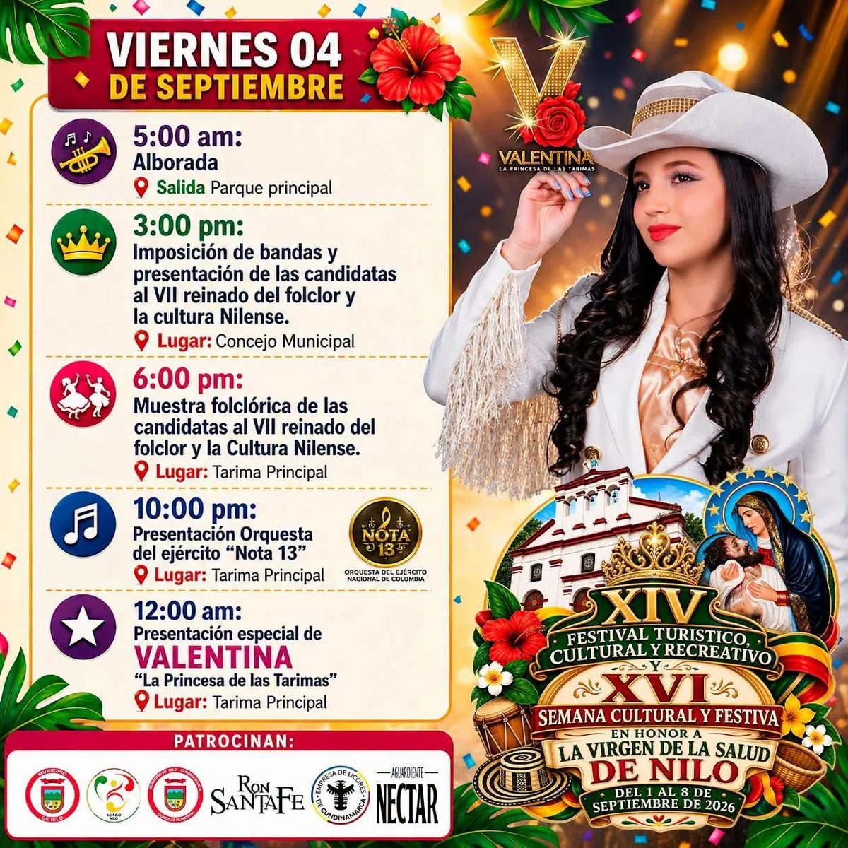 Programación del viernes 4 de septiembre: Alborada, imposición de bandas, muestra folclórica de candidatas al Reinado, Orquesta del Ejército Nota 13 y Valentina La Princesa de las Tarimas