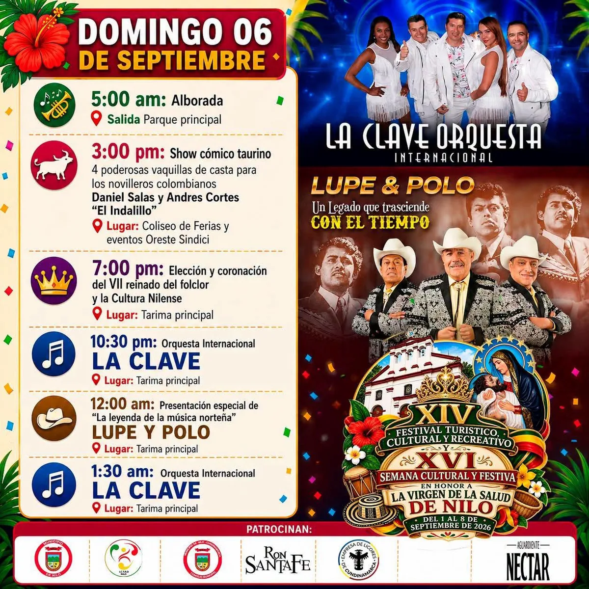 Programación oficial del XIV Festival Turístico, Cultural y Recreativo de Nilo, Cundinamarca — 1 al 8 de septiembre de 2026. Artistas: Los Inquietos del Vallenato, Sergio Vargas, Valentina, Lupe & Polo, Orquesta La Clave